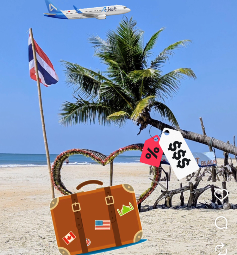 Flugzeug über tropischem Strand, Link zum Bestpreis-Urlaubsfinder